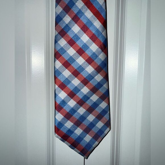 Men’s Club Room Plaid Red White and Blue Tie - Picture 1 of 5